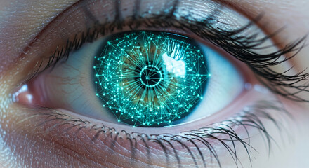 Close-up of human eye with teal network overlay, showcasing digital connection and modern technology, representing innovation, future, and data visualization