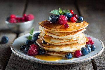 A stack of pancakes with fresh berries and dripping syrup on a rustic wooden table