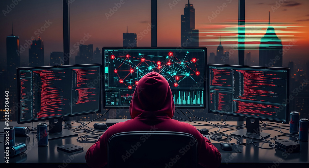 Poster hooded figure seated before multiple monitors displaying code and network data, city skyline visible