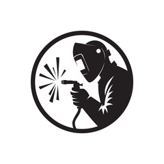 Professional welder silhouette with spark. Black and white icon of welder in protective gear creating bright sparks.