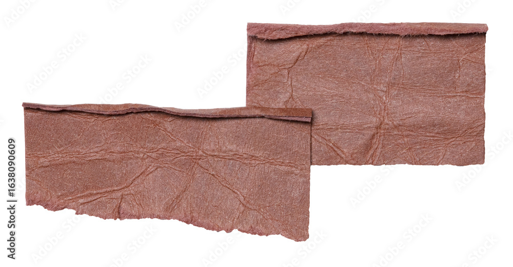 Aufkleber two brown overlapping torn ripped blank paper notes with folded edge dog-ear earmark and copy space 