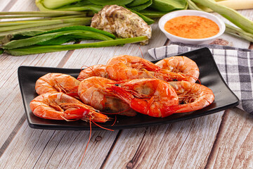 Delicous boiled tiger prawn with sauce