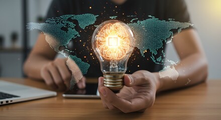 Global Innovation and Technology Concept: Lightbulb Brain with World Map Overlay