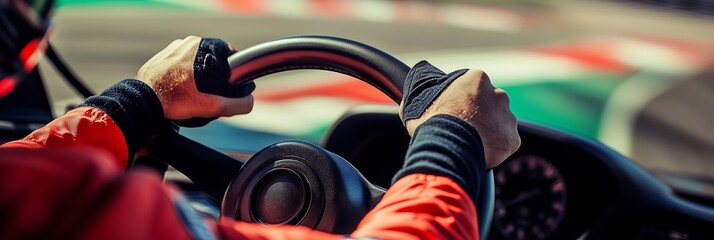Close-up of a male racer gripping the steering wheel, focused and ready for action on the track.