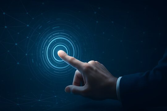 concepts of digital interaction, technology, a futuristic interface, activation, and biometric security like a fingerprint scan.