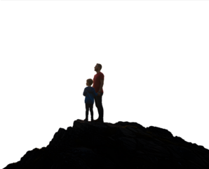 Epic fantasy adventure scene with a landscape photographer and couple on a mountain cliff at sunset, overlooking dramatic peaks from British Columbia to Italy’s Aeolian islands.

