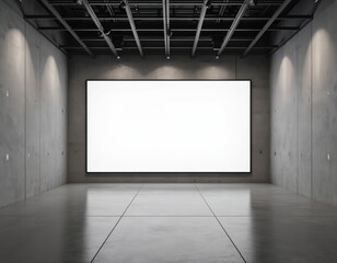 Modern exhibition hall interior features large, illuminated blank white screen framed on concrete wall. Minimalist, empty space with polished concrete floor, ceiling spotlights offers versatile