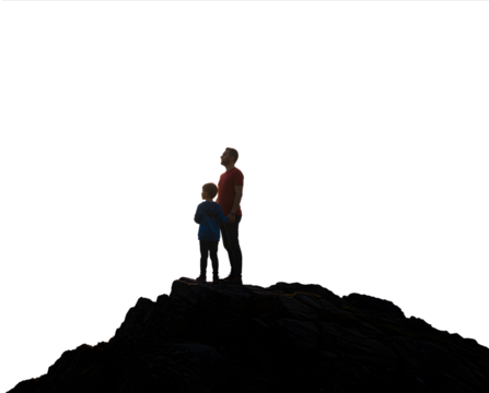 Epic fantasy adventure scene with a landscape photographer and couple on a mountain cliff at sunset, overlooking dramatic peaks from British Columbia to Italy’s Aeolian islands.

