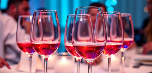 Several half-filled rose wine glasses at a celebratory gathering,  wine glasses,  pink drink