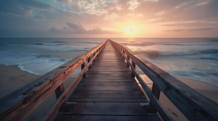 Fototapeta premium Wooden Pier Leading to Ocean at Sunrise Serene Coastal Scene