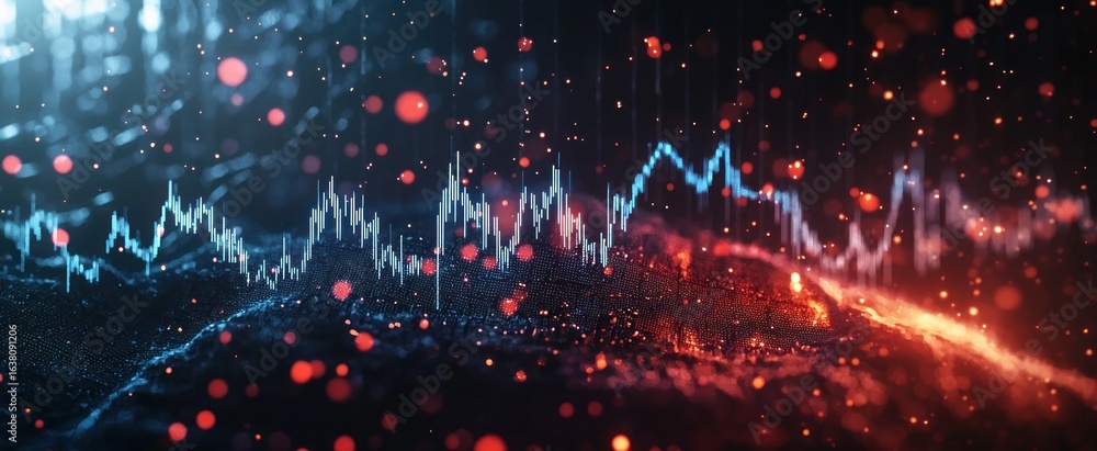 Poster a dynamic stock market chart with glowing blue and red elements on a dark background, concept of fin