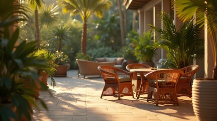 Wicker Patio Furniture on Sunny Outdoor Terrace with Palm Trees