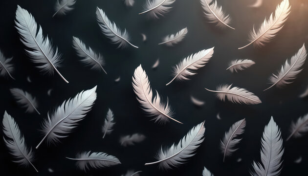 Falling white feathers create soft bokeh effect on dark background. Gentle, light, airy texture with subtle wave-like motion. Minimalist, elegant design for backgrounds, invites, or branding.