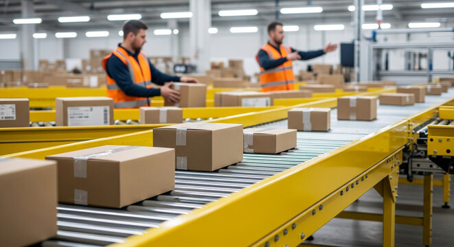 Brown cardboard boxes moving on yellow conveyor belt in warehouse, showcasing efficient logistics and distribution process