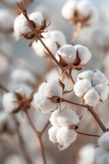 World cotton day celebration: close-up of cotton plant branches highlighting natural beauty. Vertical banner. Copy space