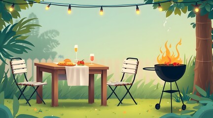 Obraz premium Outdoor Backyard Barbecue Scene with Wooden Table and Grill