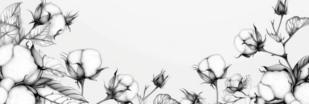 Elegant cotton plant sketch for world cotton day celebration design. Horizontal banner. Copy space. Template for invitation, card, label. Black and white illustration