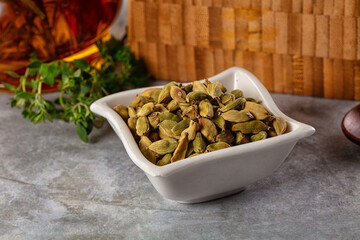 Green dry cardamom heap spices aroma