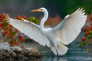 Majestic egret gracefully spreads its wings in a serene waterscape with vibrant foliage backdrop