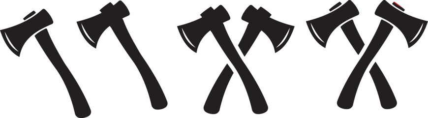 Crossed Axe and Tree Stump Silhouette Icons – Minimal Lumberjack and Woodcutter Vector Illustration.