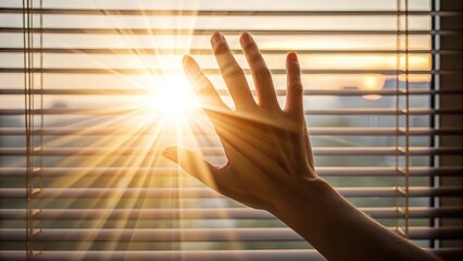 Feel the warm morning sunlight filtering through window blinds with hopeful hand reaching for vibrant future