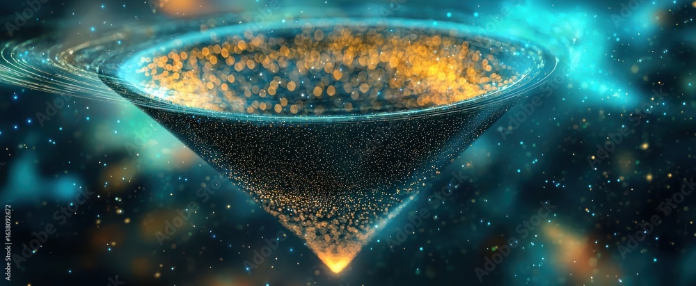 Poster abstract image of a funnel in the form of a starry sky or space, consisting of points, lines,