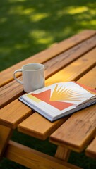 Naklejka premium Serene Picnic Table Setting with Coffee and Art Book on Sunny Day in the Park