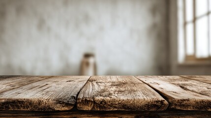 Wooden table with an empty space for product display, set against the backdrop of a blurred white wall interior. Ready for display, product.