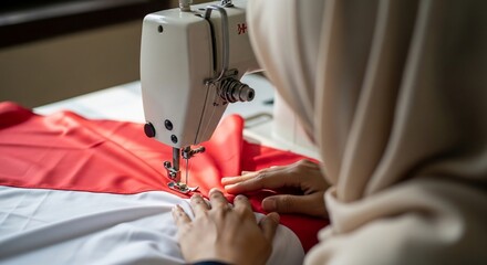 woman sewing indonesian flag for independence day celebration