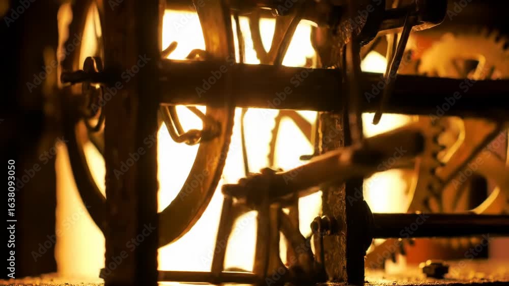 Poster close-up of clockwork gears and wheels with intricate mechanical design and bright back light, repre