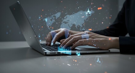 Hands Typing on Laptop with Global Network and Data Visualization Overlays