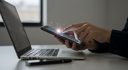 Hands Using Smartphone with Digital Sparkles Near Laptop