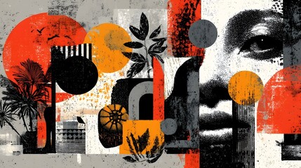 Obraz premium A captivating mixed media composition featuring bold geometric shapes a stylized portrait and vibrant nature inspired elements creating a visually striking and conceptual ic work