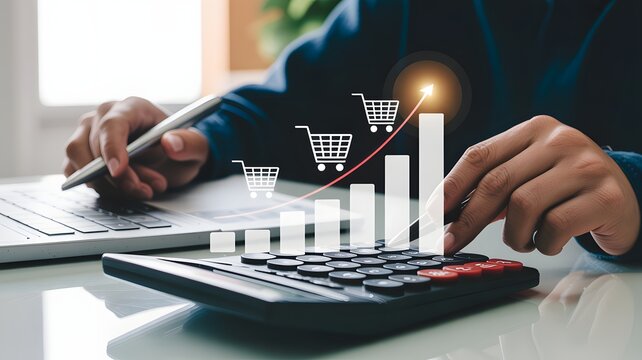 Close up of a person using a calculator and keyboard with a digital overlay of a growing bar graph and shopping carts symbolizing business growth and e commerce success - Powered by Adobe