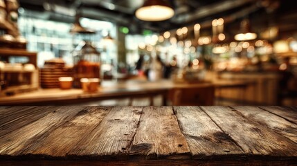 Wooden table with an empty space for product display, set against the backdrop of cafe interior with bokeh bright background. Ready for display, product montage.