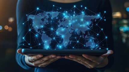 A person holding a tablet that displays a digital world map with location pins, symbolizing global connectivity and technology