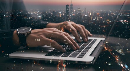 Man Typing on Laptop with Cityscape Overlay at Night