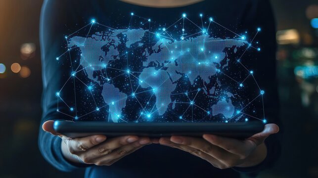 A person holding a tablet that displays a digital world map with location pins, symbolizing global connectivity and technology