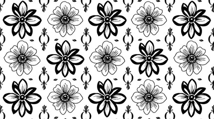 A repeating black and white floral pattern featuring stylized blossoms and decorative elements.