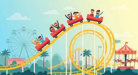 Summer urban merry-go-round cartoon vector design drawing with a colorful street roller coaster and a rainbow