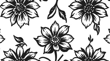 Black and white floral pattern design with detailed blossoms and leaves.
