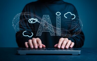 Person typing on a keyboard with a digital overlay of industrial and environmental icons representing technology and sustainability in a modern concept