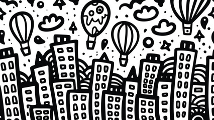 Obraz premium Whimsical cityscape with black and white buildings balloons clouds and stars in a doodle art style design