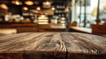 Wooden table with an empty space for product display, set against the backdrop of cafe interior with bokeh bright background. Ready for display, product montage.