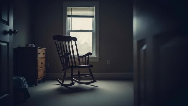 Empty nursery room with rocking chair, crib, and window. Dark mood, childhood concept, indoors.
