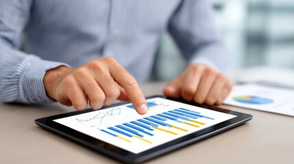 A person interacts with a tablet displaying colorful graphs and data, emphasizing analysis and digital technology in a modern workspace.