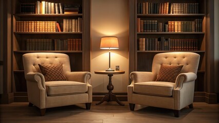 Elegant reading nook with cozy armchairs and bookshelves offers a calming retreat for relaxation
