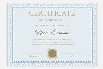 Blue certificate template. Elegant border, customizable text. Vector illustration for awards, diplomas.