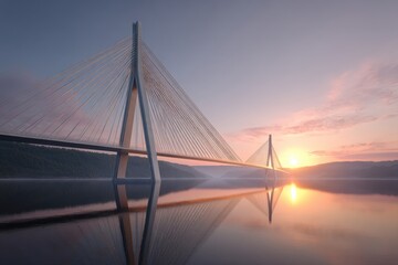 Obraz premium Modern bridge spanning wide river connecting two symbolic nations, sunrise reflecting new hope.