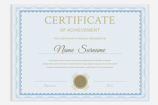 Blue certificate template. Elegant border, customizable text. Vector illustration for awards, diplomas. - Powered by Adobe